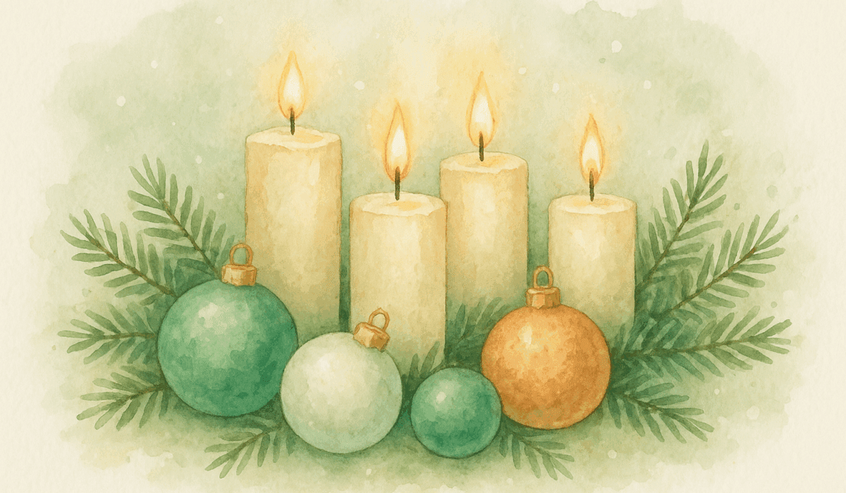 Vier Kerzen mit Weihnachtskugeln und Tannengrün